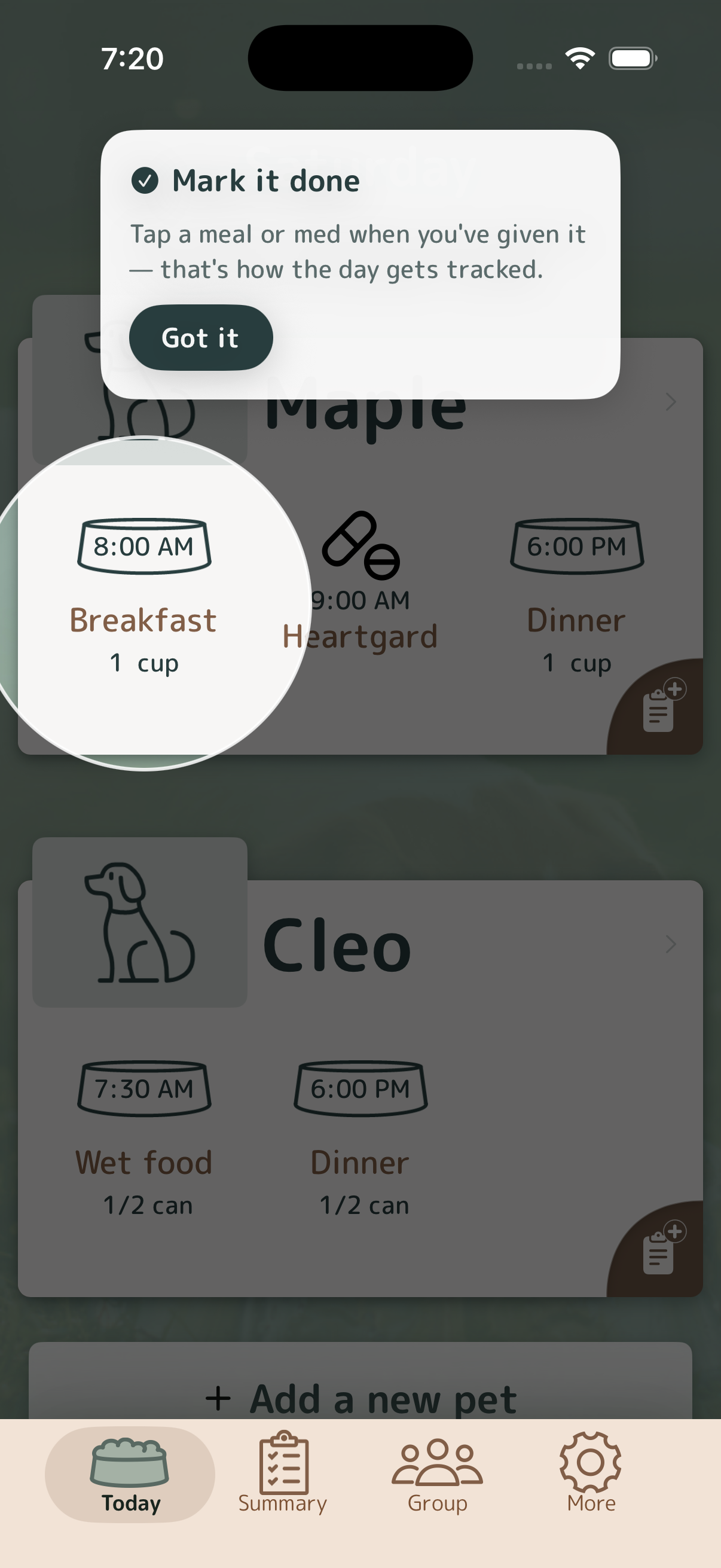 Meal Time For Pets app showing how to mark a meal or medication as done.