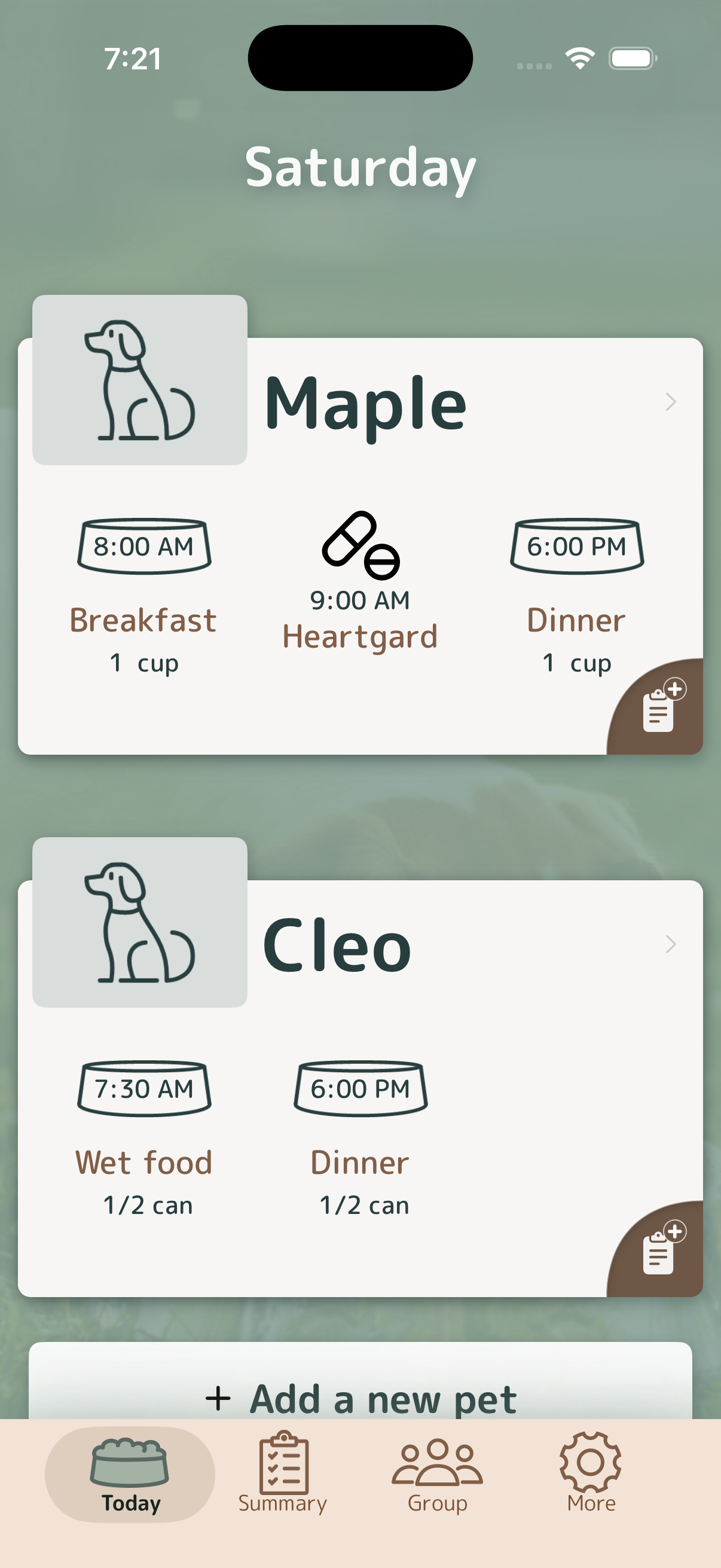 Meal Time For Pets app showing Saturday care cards for Maple and Cleo.